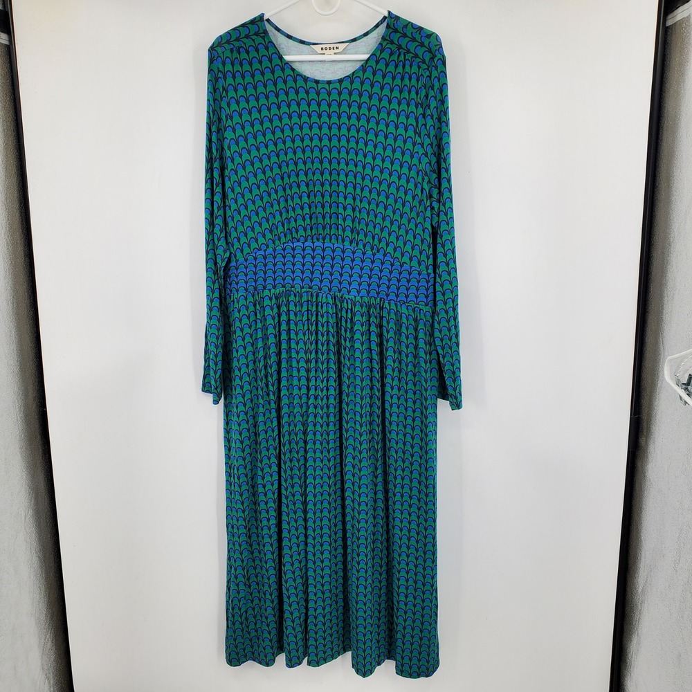 Boden Thea‎ Green Blue Scallop Print Empire Waist Midi Dress Size 20-22R Artsy